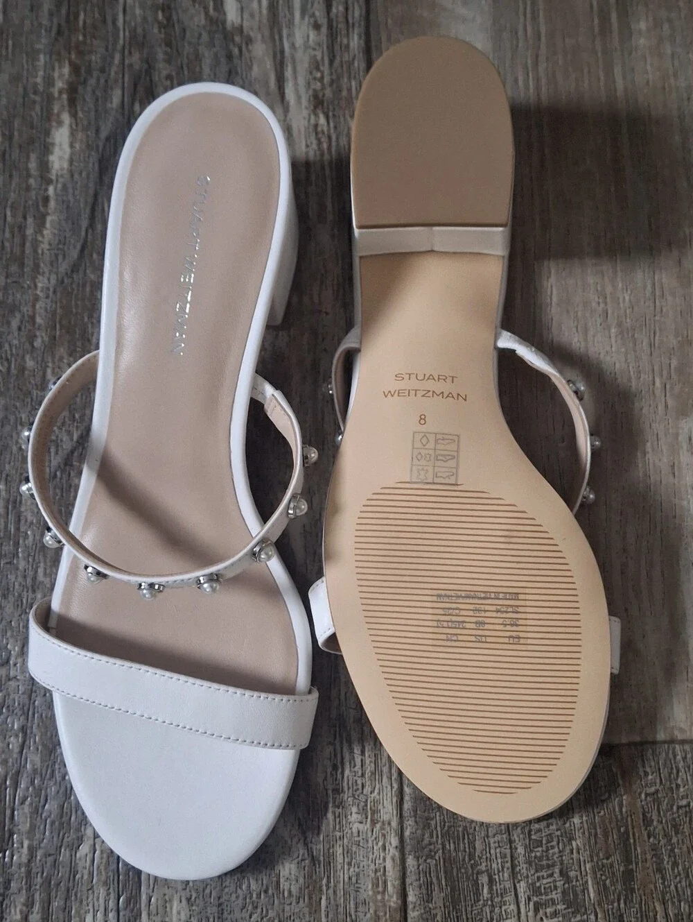 Stuart Weitzman White Embellished Slide Sandals